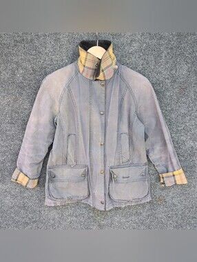 Barbour Beadnell Jacket Size 6 Gray Wax Tartan Plaid Corduroy Collar Faded Work